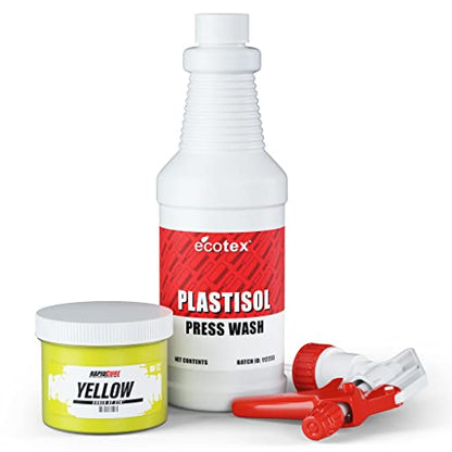 Rapid Cure® Yellow Plastisol Ink (8 oz.) and Ecotex® Plastisol Press Wash (Pint - 16 oz.) - Ink for Screen Printing Fabric, Screen Printing Cleaner/Degreaser - Silk Screen Press Wash/Plastisol Ink - color: Yellow