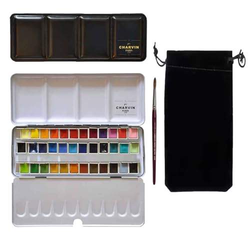Charvin Extra-Fine Professional Watercolor Paint Set - Watercolor Half Pan Set of 36, Made in France, Smooth Shellac-Like Finish, Transparent Pigments, Ideal for Layering & Mixed Media - size: 36 Count (Pack of 1)