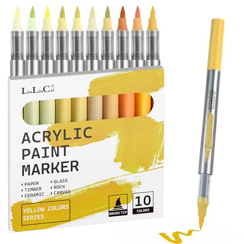 LIULIUCAI 10 Pcs Yellow Tone Acrylic Paint Markers, Brush Tip Acrylic Paint Pens, Water Based Yellow Marker for Pumpkin, Christmas Art, Rock Painting, Wood, Canvas, Glass, Fabric, Egg, DIY Craft - color: 10 Yellow