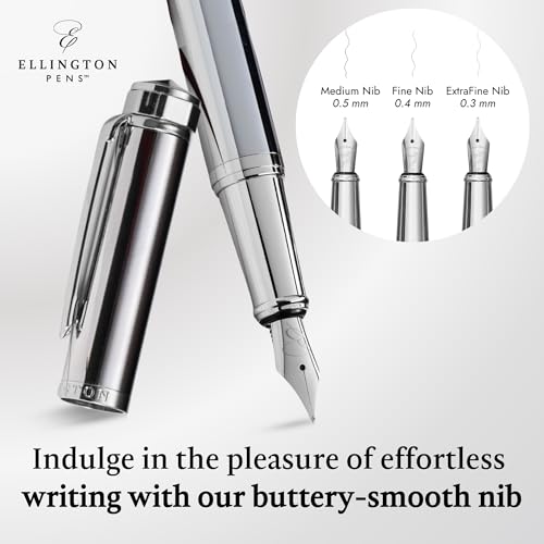 Ellington Pens Luxury Fountain Pen Set - Smooth Medium Nib- Includes 3 Ink Cartridges, Refillable Ink Converter, Gift Box- Fountain Pens For Writing, Calligraphy, Journaling, Sketching (Silver Sonata) - color: Silver Sonata, style: Medium