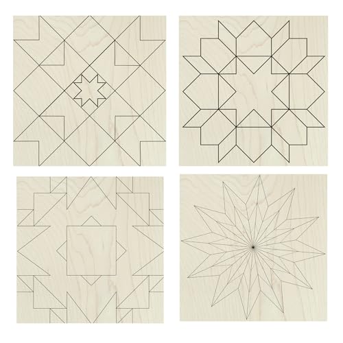 9" Barn Quilt Kit Set 4 | Patch Star, Aztec, Swoon, Starburst | Paintable unfinished wood quilt blocks for DIY party crafts, farmhouse wall art, quilting decor, and handmade gifts. - size: 9 inches (set of 4), style: Butterfly, Patchwork Star, Dresden Flo