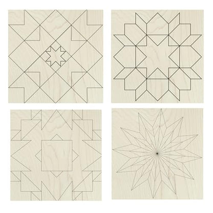9" Barn Quilt Kit Set 4 | Patch Star, Aztec, Swoon, Starburst | Paintable unfinished wood quilt blocks for DIY party crafts, farmhouse wall art, quilting decor, and handmade gifts. - size: 9 inches (set of 4), style: Butterfly, Patchwork Star, Dresden Flo