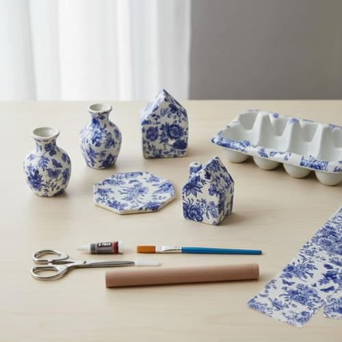 Jenaai 48 Pcs Chinoiserie Blue White Floral Clay DIY Kit, Clear Plastic Tray Craft Set Storage for Jewelry, Keys, Family Home Decor Gifts Include 40 Decoupage Napkins 2 Clear Tray 2 Clay