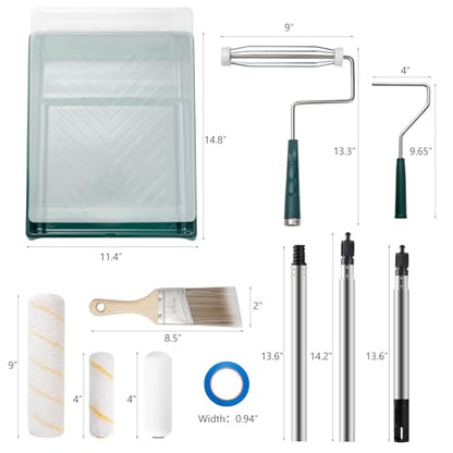 Paint Roller Kit with Extension Pole, 13 PCS Set, 9 Inch 4 Inch Paint Rollers, Paint Tray Liner, Paint Brush for Walls, Painters Tape, House Painting Supplies for All Paints & Stains (3 FT)