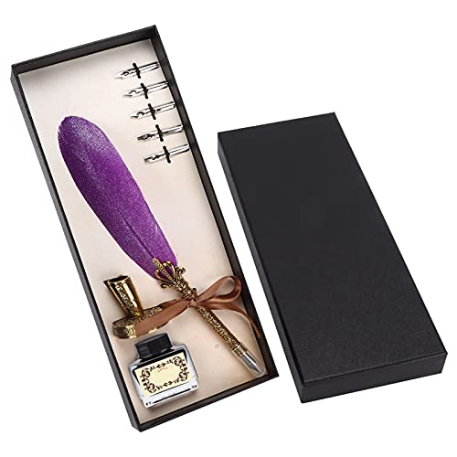 Pen Set, Vintage Calligraphy Writing Suit with Metal Holder and Glass Ink Bottle, 1-5mm Flat Nib for Gothic Italian Script, Complete Gift Box for Teachers Couples Elders (Dark Purple) - color: Dark Purple
