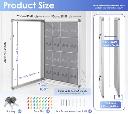 SWANCROWN Enclosed Bulletin Board 48x36in, Tamperproof Lockable Grey Felt Board Wall Display Case with 2 Locks for Office School Commerce, Aluminum Frame, Pack of 2 - color: Sliver-g, size: 2 Pack 48x36 in