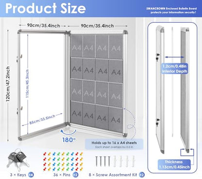 SWANCROWN Enclosed Bulletin Board 48x36in, Tamperproof Lockable Grey Felt Board Wall Display Case with 2 Locks for Office School Commerce, Aluminum Frame, Pack of 2 - color: Sliver-g, size: 2 Pack 48x36 in