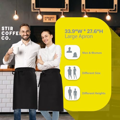 ROTANET Long Server Apron Black with 3 Pockets Bistro Half Aprons for Men Women Waiter Waitress Chef 28 Inch Waterproof - color: Black