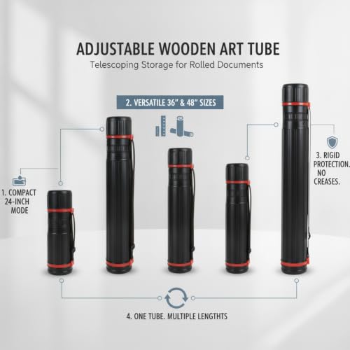 Adjustable Wooden Art Tube, Telescoping Poster and Blueprint Storage Case, Rigid Black Cylinder for Rolled Documents (1 PC) - size: 14.96 x 4.13 x 4.13 in