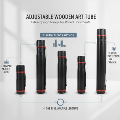 Adjustable Wooden Art Tube, Telescoping Poster and Blueprint Storage Case, Rigid Black Cylinder for Rolled Documents (1 PC) - size: 14.96 x 4.13 x 4.13 in