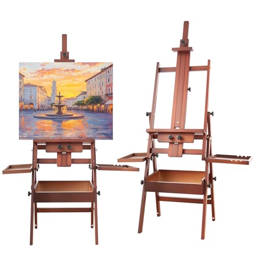 Large Horizontal Wooden H-Frame Studio Easel with Storage Drawer and Palettes, Solid Beechwood Painting Easel for Students, Beginners, and Artists, Hold Canvas to 50Inches High,Walnut - style: Horizontal Walnut