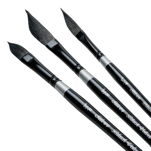 Silver Brush Limited BV-3057S Black Velvet Short Handle 3pc Stroke Set, Mixed Filament Brushes with Very Soft Tips, Professional Artist Painting Set for Watercolors, Gouache, Dyes & Silk Painting - color: 3pc Stroke Set, size: 3 Pc