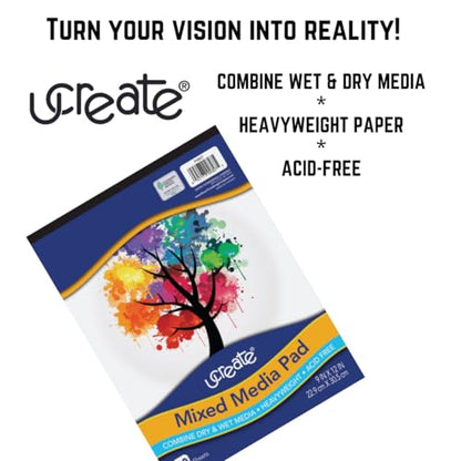 UCREATE Heavyweight Mixed Media Paper Pad, 9" x 12", White, Acid-Free, 50 Sheets/Pad, Pack of 12 Pads, 600 Sheets Total