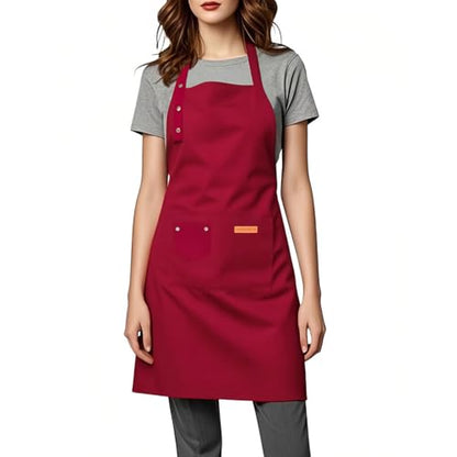 Kitchen Cooking Apron for Women Men Water-Resistant Artist Barista Baking Craft Catering Work Bib with Large Pockets - color: Red