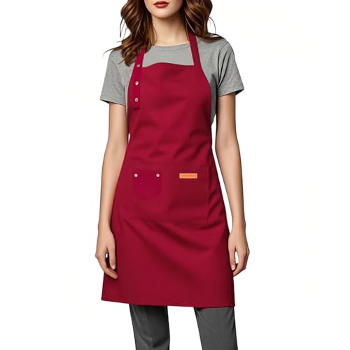 Kitchen Cooking Apron for Women Men Water-Resistant Artist Barista Baking Craft Catering Work Bib with Large Pockets - color: Red