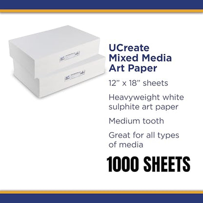 UCREATE Mixed Media Art Paper, Heavyweight, 12" x 18", 1000 Sheets, 2 Packs of 500 Sheets - size: 12" x 18" (Pack of 2)