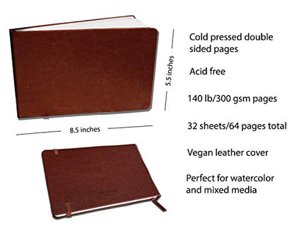 Linden Art Watercolor Journal, 140 lb (300 GSM), 64 Cold Pressed 8.5"x5.5" Pages, Watercolor and Mixed Media Travel Journal, Brown PU Leather Hard Cover Art Book
