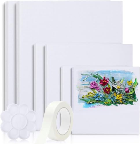 Canvases for Painting, 40x30, 30x20, 20x15, 8 Set Stretched White Canvas with Petal Paint Tray Palettes & Tape, Artist Canvases Frame Board Panels, Cotton Canvas for Oil, Acrylic, Watercolor