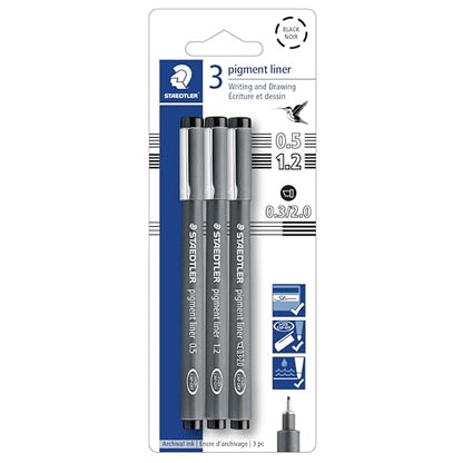 Staedtler Pigment Liner Pack, Black, 3 Pens, Assorted Line Widths 0.5mm/1.2mm/Chisel, 308-9S2BK3