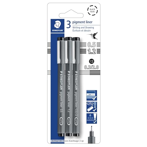 Staedtler Pigment Liner Pack, Black, 3 Pens, Assorted Line Widths 0.5mm/1.2mm/Chisel, 308-9S2BK3