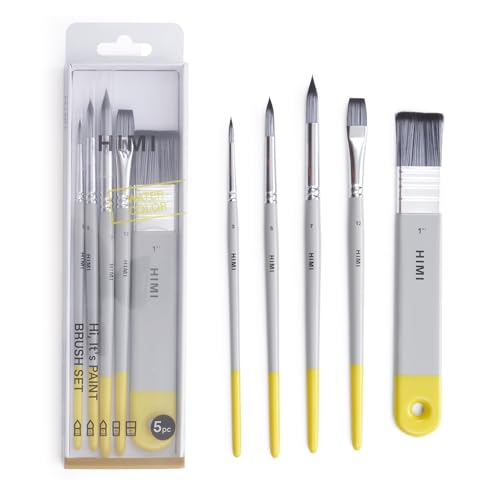 HIMI Watercolor Paint Brush Set, 5 Pcs – 1 Flat, 3 Round, 1 Wide Flat – Professional & Beginner Artist Paint Brushes for Watercolor, Unique Design Gift for Art Lovers - color: Gray