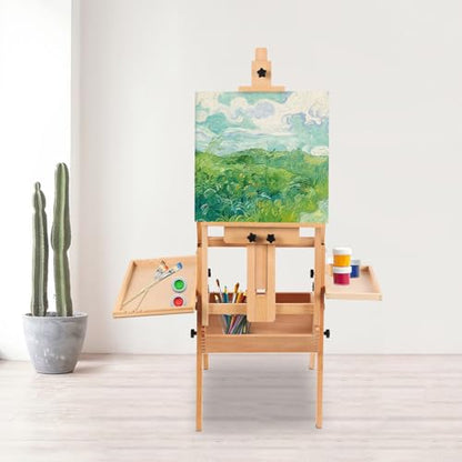 Wooden H-Frame Studio Easel with Storage Tray and Shelf, Adjustable Height and Angle, Sturdy Beechwood Canvas Holder Stand - Floor Wooden Easel Stand for Painting