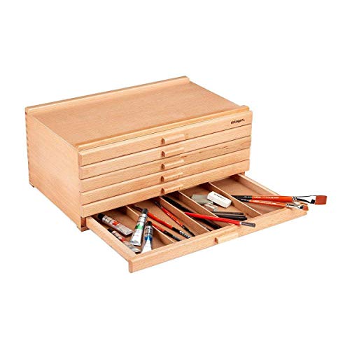 KINGART Wood 6-Drawer Artist SUPPLY STORAGE BOX, 15-3/4” W x 10” D x 6-1/2” H, Natural Finish, Storage for Art Materials including Paint Tubes, Pastels, Pencils, Markers, Brushes and more