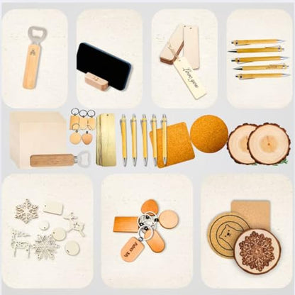 Mroy mio 135 PCS Laser Engraving Material Kit, 27 Kinds Laser Engraver Blanks for Laser Crafting, Includes Wood, Acrylic, Fabric, Rock, PU Leather, Diatom Mud Materials