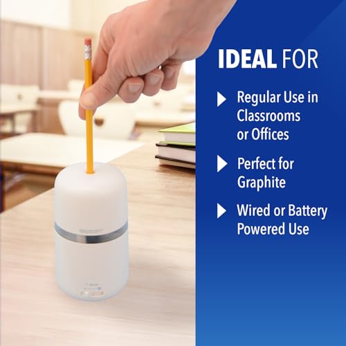 Westcott Two-in-One Fully Automatic Battery and Electric Pencil Sharpener for Regular, Graphite, and Drawing Pencils - Adjustable Tip Size - for Office and School Use - Includes AC Adapter - White
