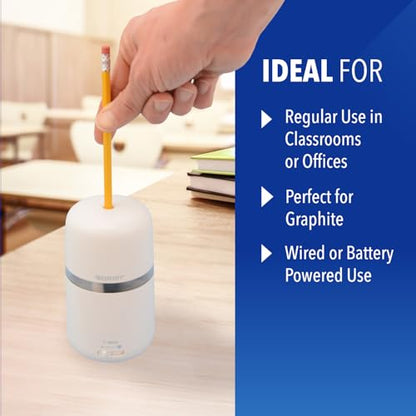 Westcott Two-in-One Fully Automatic Battery and Electric Pencil Sharpener for Regular, Graphite, and Drawing Pencils - Adjustable Tip Size - for Office and School Use - Includes AC Adapter - White