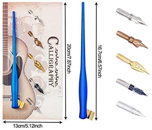 XIAOYU Oblique Calligraphy Dip Pen Comic Pen Set Include 2-in-1 Calligraphy Oblique or Straight Penholder with 5 Pieces Replacement Nibs, Blue - color: Blue