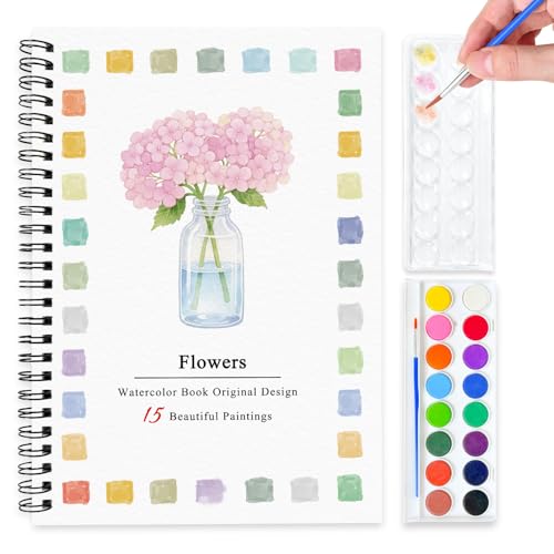 SLWBZ Watercolor Workbook Pink Flowers, 15 Different Patterns of Original DIY Designs, 16 Color Watercolor Paint Plates with Palette and Brush, Beginner-Friendly Watercolor Workbooks, Pink Hydrangea - color: Pink Hydrangea, size: with palette