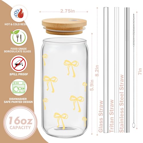 Coquette Cute Pastel Yellow Bow Summer Glass Cups with Lids and Straws, Aesthetic Iced Coffee Cup Girly Preppy Tumbler Mug, Christmas Valentines Birthday Gifts for Women, Teen Girl Gifts Trendy Stuff - color: 05-Bow-Pastel Yellow