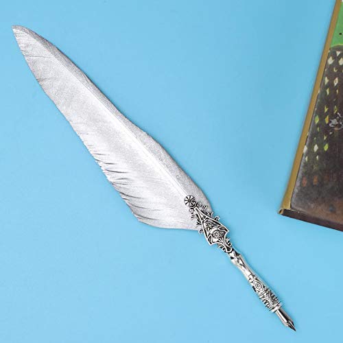 Hakeeta Quill Pen Set, Vintage Fountain Pen, Quill Dip Pen, of Feathers, Unique, for Festival Present, Birthday Gift, with +Pen Nib+Pen Holder(silver 2)
