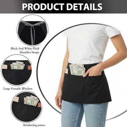 BOHARERS 3-Pocket Waist Apron With Black And White Plaid Shoulder Straps - Black Waitress Waiter Server Short Aprons - color: A2-1 Pack Black and White Plaid Straps