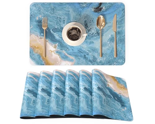 QiyI Placemats Set of 6, 12x18 Inch Faux Leather Place Mats for Kitchen Dinning, Heat Resistant Anti Slip Pink Gold Table Mats, Waterproof Wipeable Washable Placemat Party Table Décor, Blue Marble - color: Blue Fluid Marble, size: Set of 6