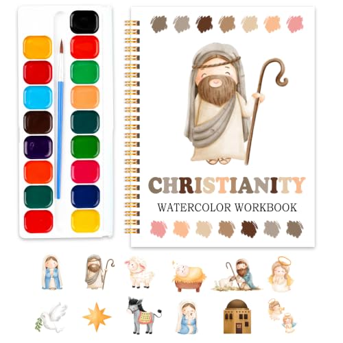 Easy Christianity Watercolor Workbook for Beginners, Water Coloring Book, 18 Colors Watercolor Paint Set, 12 Patterns Watercolor Kit, Faith-Based, Relaxing DIY Art Gift for Adults (Jesus) - color: christianity