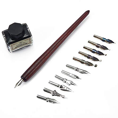 Wooden Quill Pen wiht Ink Set Handcrafted Wooden Callgraphy Pen Writing Dip Ink Pen Gift Set with 11pcs Metal Pen Nibs &Black Ink