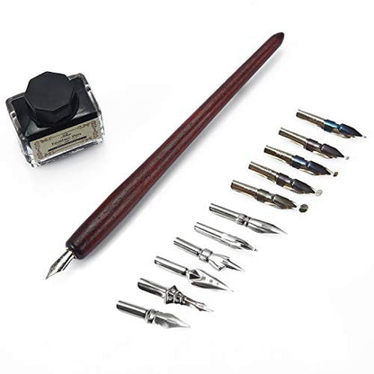 Wooden Quill Pen wiht Ink Set Handcrafted Wooden Callgraphy Pen Writing Dip Ink Pen Gift Set with 11pcs Metal Pen Nibs &Black Ink