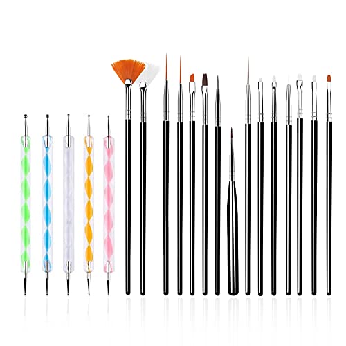 FULINJOY 20PCS Nail Art Design Tools, 15PCS Painting Brushes Set (Black) with 5PCS Dotting Pens - color: 20pcs - black