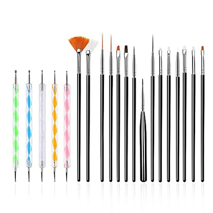 FULINJOY 20PCS Nail Art Design Tools, 15PCS Painting Brushes Set (Black) with 5PCS Dotting Pens - color: 20pcs - black