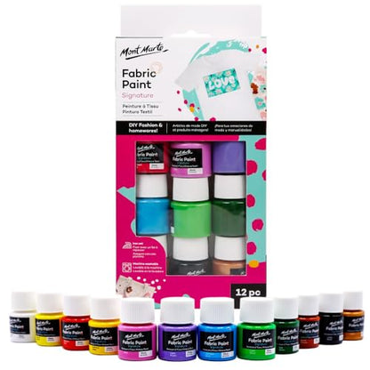 Mont Marte Signature Fabric Paint, 12pc x 0.7oz (20ml), Suitable for DIY Fashion and Homewares - color: 12 colors