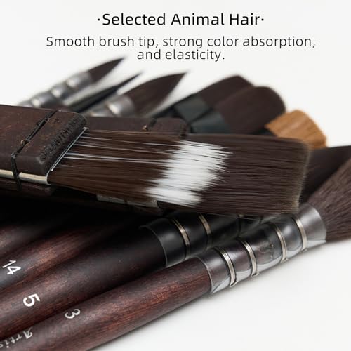 10 Pcs Watercolor Brush Set, Synthetic Hair with Wood Handle, Hake Round Flat Dagger Needle Cat Tongue for Acrylic Gouache Detail Painting