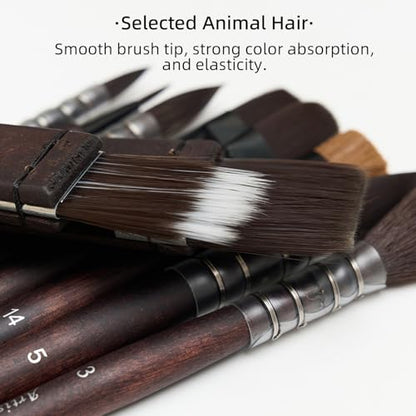 10 Pcs Watercolor Brush Set, Synthetic Hair with Wood Handle, Hake Round Flat Dagger Needle Cat Tongue for Acrylic Gouache Detail Painting