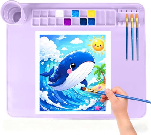 Silicone Painting Mat, 20"X16" Craft Mat,Large Art Mat with Built in Cup and Paintbrush Holder, Nonslip Clay Mats, Color Dividers Silicone Mats for Painting, Table, Resin and DIY Purple - color: Purple