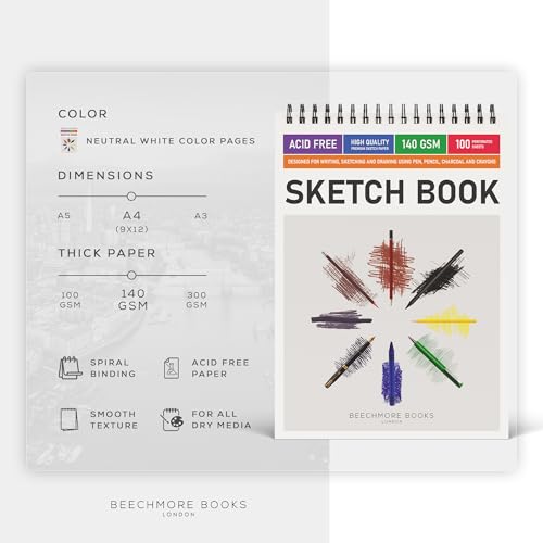 BEECHMORE BOOKS 9"x12" Spiral Bound Sketchbook - 100 Perforated Sheets 140 GSM (95lb) Acid-Free White Paper, Premium Professional Artist Sketch Pad, Art Supplies for Adults Students Drawing Notebook - size: A4 (9" x 12")