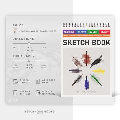 BEECHMORE BOOKS 9"x12" Spiral Bound Sketchbook - 100 Perforated Sheets 140 GSM (95lb) Acid-Free White Paper, Premium Professional Artist Sketch Pad, Art Supplies for Adults Students Drawing Notebook - size: A4 (9" x 12")