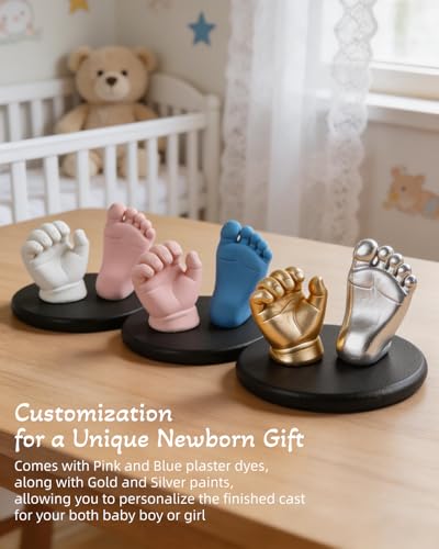 Baby Casting Kit Footprint and Hand Mold Pink & Blue with Wood Base, Personalized Newborn Shower Gifts for Baby Boy and Girl 0-9 Months