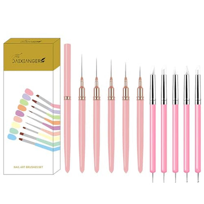 10Pcs Nail Art Tool Set, 5Pcs Ultra-Fine Nail Art Liner Brushes & 5Pcs Dual-Ended Silicone Dotting Pens, Precision Nail Art Painting Pens for Intricate Lines, Dots, Patterns & Salon DIY Manicure - color: Liner Brush & Silicone Pens
