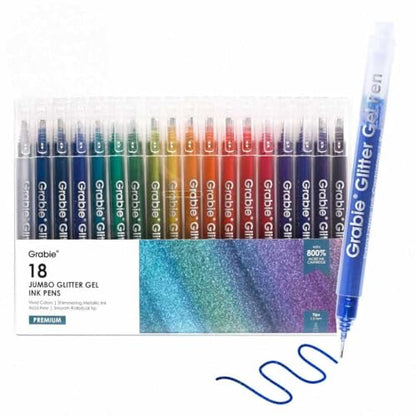 Grabie Jumbo Glitter Gel Pens Set of 18, Metallic Sparkle Gel Ink Pens, Large Capacity Vibrant Glitter Pens for Coloring Books, Drawing, Journaling, Scrapbooking & DIY Crafts, Smooth Writing Art Pens - color: 18 Colors Jumbo Glitter Gel Ink Pens